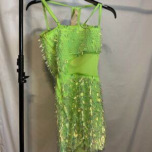 WEISSMAN Neon Green Dance Leotard with iridescent Fringe Adult XS